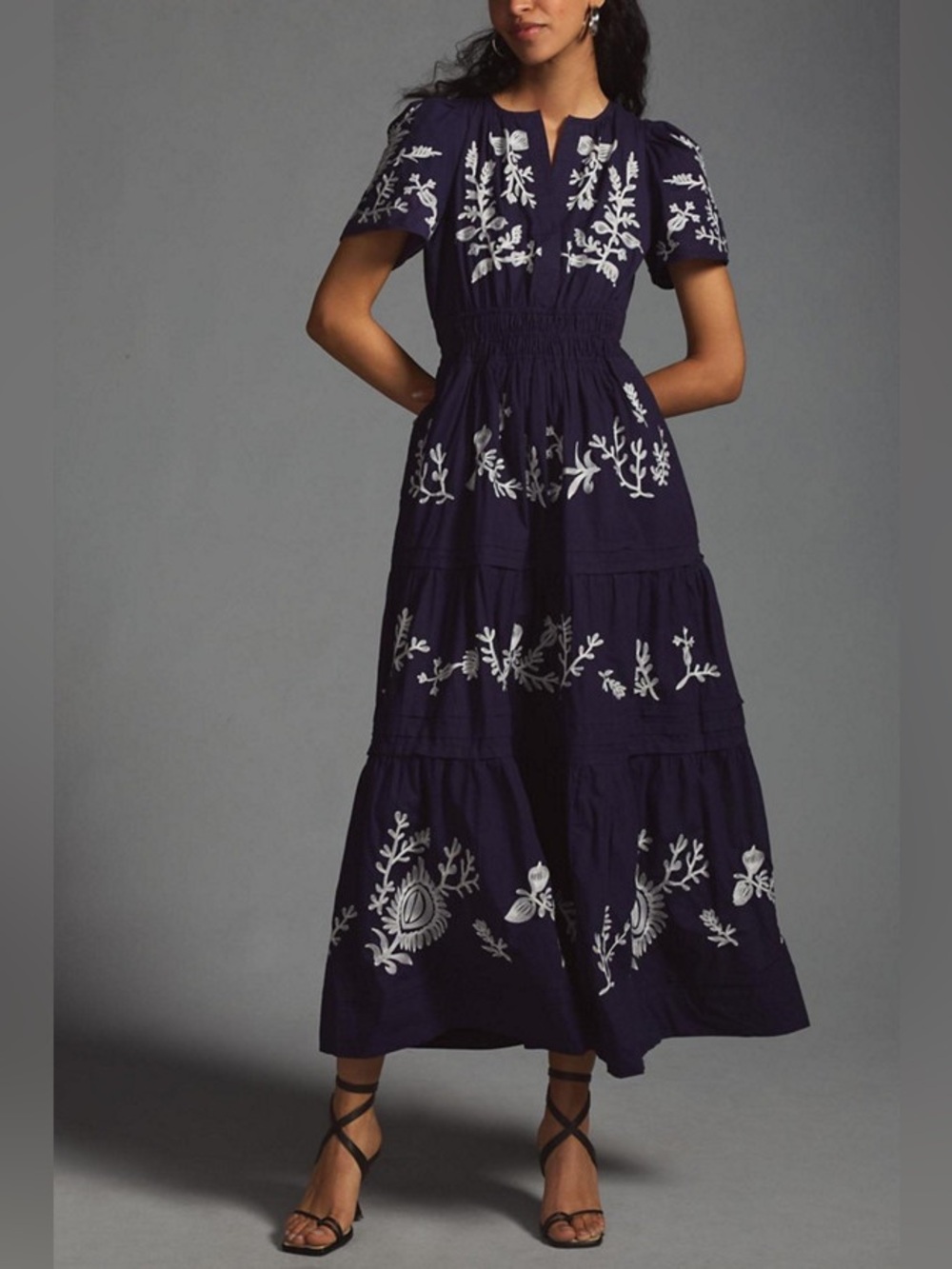 Anthropologie Somerset Embroidered Navy White Boho Dress Large - Picture 1 of 8